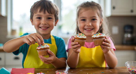 Happy kids decorating cupcakes in the kitchen