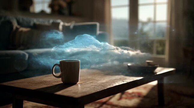 A digital blue cloud floats above a white coffee mug on a rustic wooden table in a sunlit room. Warm lighting and blurred background.