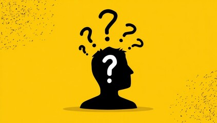 Silhouette of a person with question marks above their head on a mustard yellow background