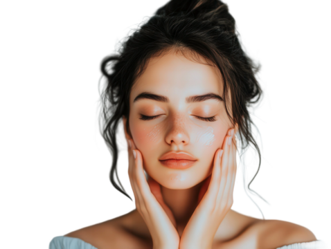 Serene Young Woman with Closed Eyes and Natural Beauty Embracing Self-Care and Relaxation in a Minimalistic Background