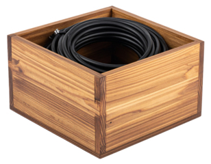 Wooden Container with Coiled Black Cables PNG
