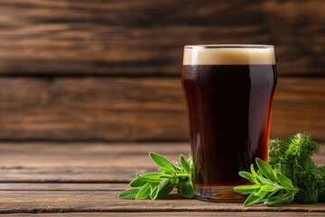 Deep Amber Porter Beer in Rustic Wooden Setting with Greenery