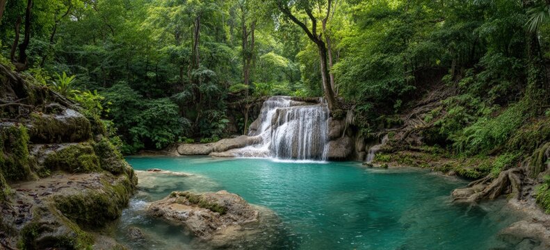 Lush tropical waterfall cascading into a turquoise pool