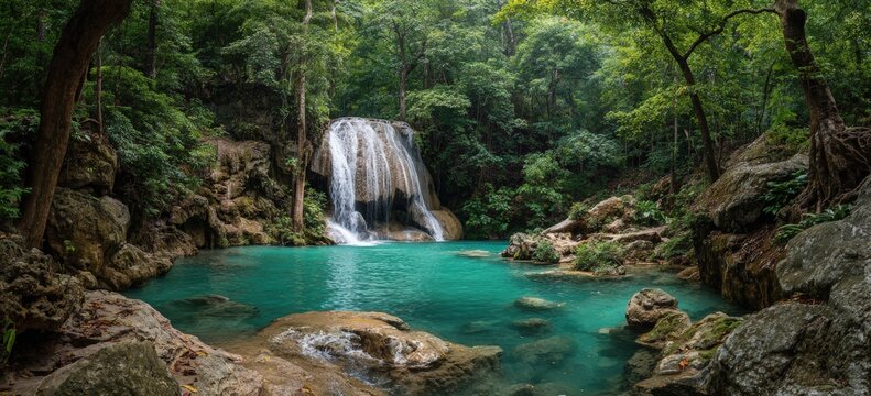 Lush waterfall cascading into a turquoise pool in a tropical rainforest