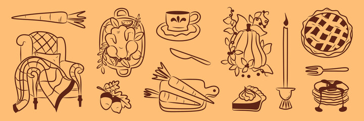 Autumn vector elements set. Cozy fall doodle sticker. Hello fall greeting or pattern. Isolated background. Thanksgiving invitation Illustration in the whimsical style.