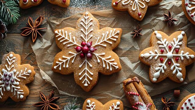 Festive gingerbread snowflake cookies with cinnamon and anise on rustic table