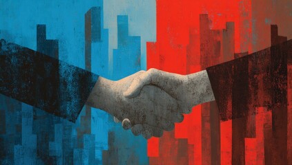 Handshake between two figures, divided by contrasting cityscapes