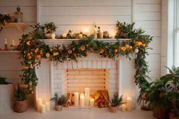 Christmas fireplace with candles, pine garland and dried orange slices – cozy rustic holiday decor