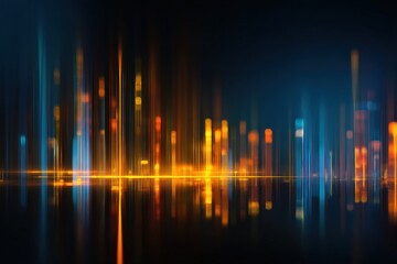 Abstract city skyline at night, vibrant lights reflecting on water