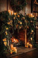 Christmas fireplace with candles, pine garland and dried orange slices – cozy rustic holiday decor