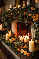 Christmas fireplace with candles, pine garland and dried orange slices – cozy rustic holiday decor