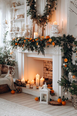 Christmas fireplace with candles, pine garland and dried orange slices – cozy rustic holiday decor