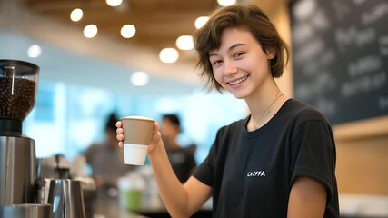 A 20 something works as a barista at a campus cafe with students ordering milk frothing and chalkboard specials updating presented in a cozy photo with foam patterns chalk line