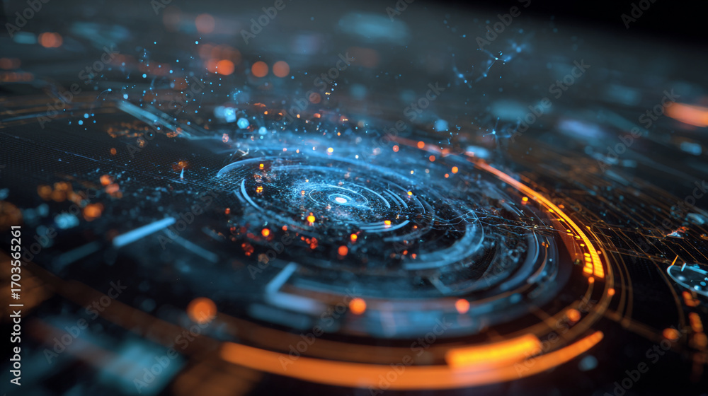 Poster futuristic digital interface glowing circular display technology network data particles