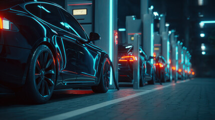 Electric cars charging at night