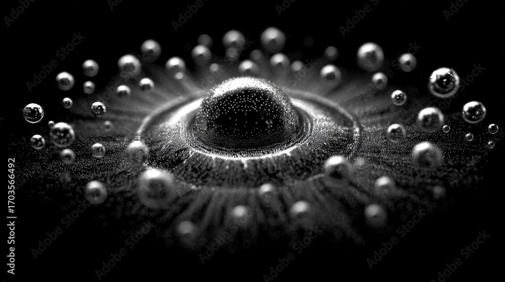 Poster a central sphere surrounded by smaller spheres in a dark setting creating a cosmic or abstract effec