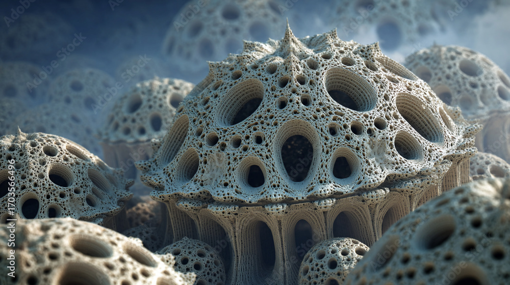Aufkleber intricate spherical structures clustered together forming a surreal landscape detailed textured surf