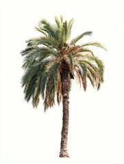 Obraz premium A single palm tree, isolated on a white background, shows varied shades of green in its fronds, with some appearing slightly brown and dry. The trunk is thick, light brown, and relatively straight