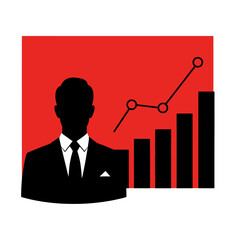 Silhouette of a businessman in a suit with a rising graph and chart
