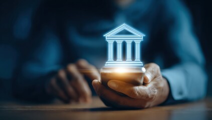 A person holding a phone with a glowing bank building icon