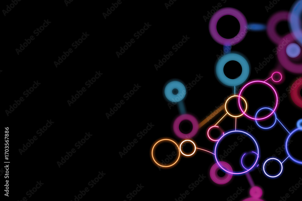 Poster luminous circular elements create vibrant neon patterns against dark backdrop.