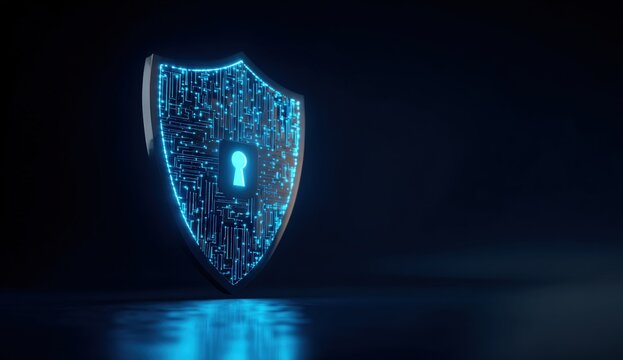 3D Shield with glowing circuitry and lock