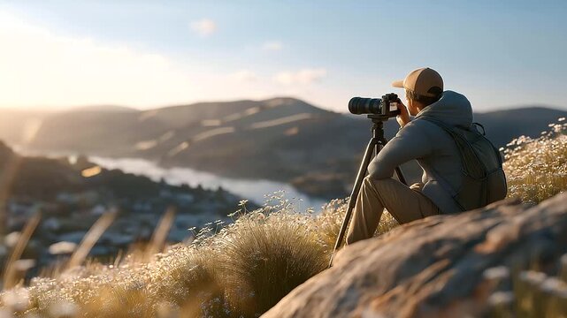A photographer captures a sunset on a hilltop with a tripod steady a camera clicking wildflowers swaying and golden light bathing the landscape shown in a serene photo with