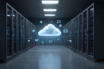 Dark server room with cloud graphic