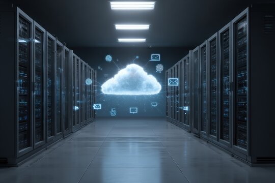 Dark server room with cloud graphic