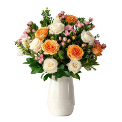 Fototapeta premium A bouquet of peach, orange, and white roses in a white vase