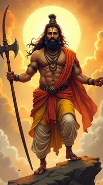 parshuram jayanti with a lord parshuram holding an axe and bow. A powerful mythical warrior in traditional attire stands confidently on a rocky cliff, holding a spear against a dramatic sunset sky,
