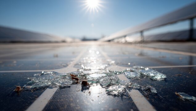 Broken solar panel glass shards on a sunny day - Powered by Adobe