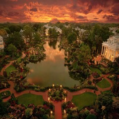 Fototapeta premium A breathtaking aerial view of a meticulously landscaped estate, adorned with lush gardens, a tranquil lake, and grand white buildings, bathed in the warm hues of a golden sunset.