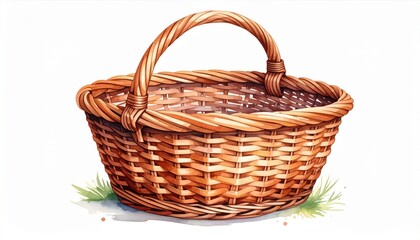 Obraz premium Woven Wicker Basket with Twisted Handle on White Background with Watercolor Detail