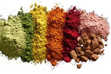 Colorful mounds of powdered spices and herbs