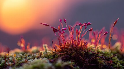 Red algae growing on moss at sunrise