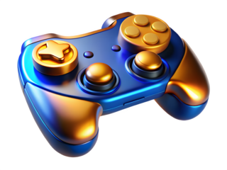 Futuristic blue and gold gaming controller on black background