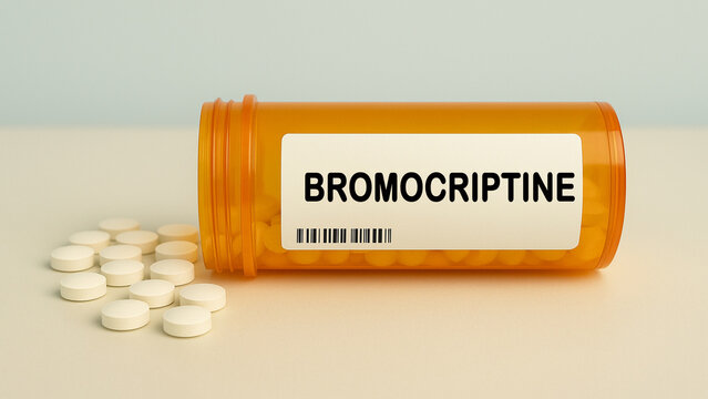 Box of BROMOCRIPTINE tablets on a hospital pharmacy table used to treat Parkinson disease and high prolactin a dopamine agonist.