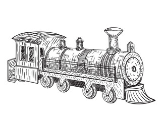 Toy train sketch. Wild West steam locomotive. Hand drawn old toy. Cute train, locomotive, railway. Hand drawn sketch