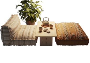 Cozy seating arrangement with a small table and tea set, featuring floor cushions and a plant.