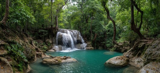 Naklejka premium Lush waterfall cascading into a turquoise pool, surrounded by a dense jungle