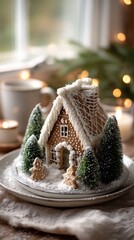 Cozy miniature gingerbread cottage on ceramic plate