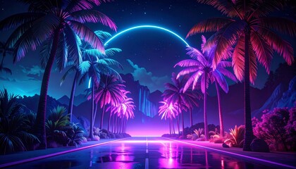 Neon Tropical Night Road - A Vibrant Landscape
