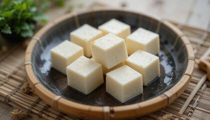Cubes of Silken Tofu on a Woven Bamboo Plate