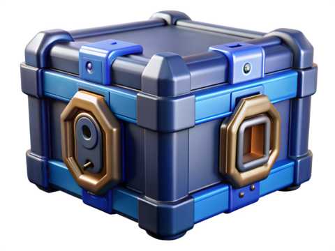 Futuristic blue and gold loot chest with ornate latch and lock