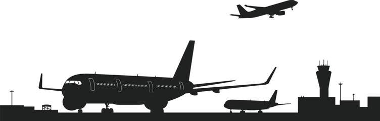 Airport Silhouettes with Airplanes on Runway and Control Tower – Commercial Jets, Aviation Infrastructure, Takeoff and Landing Scene Vector Illustration