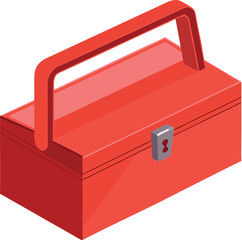 Red tool box, a closed storage case with a black handle, isolated on a white background