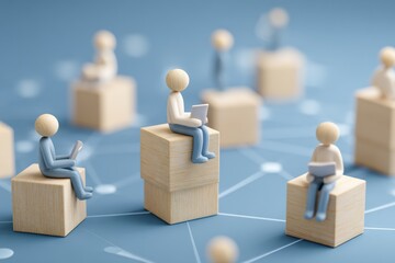 Miniature people seated on wooden blocks, interconnected
