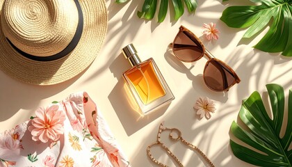 Summer Fashion Accessories: Straw Hat, Sunglasses, Perfume, and Dress