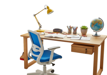 Student's wooden desk with chair, lamp, globe, and school supplies.